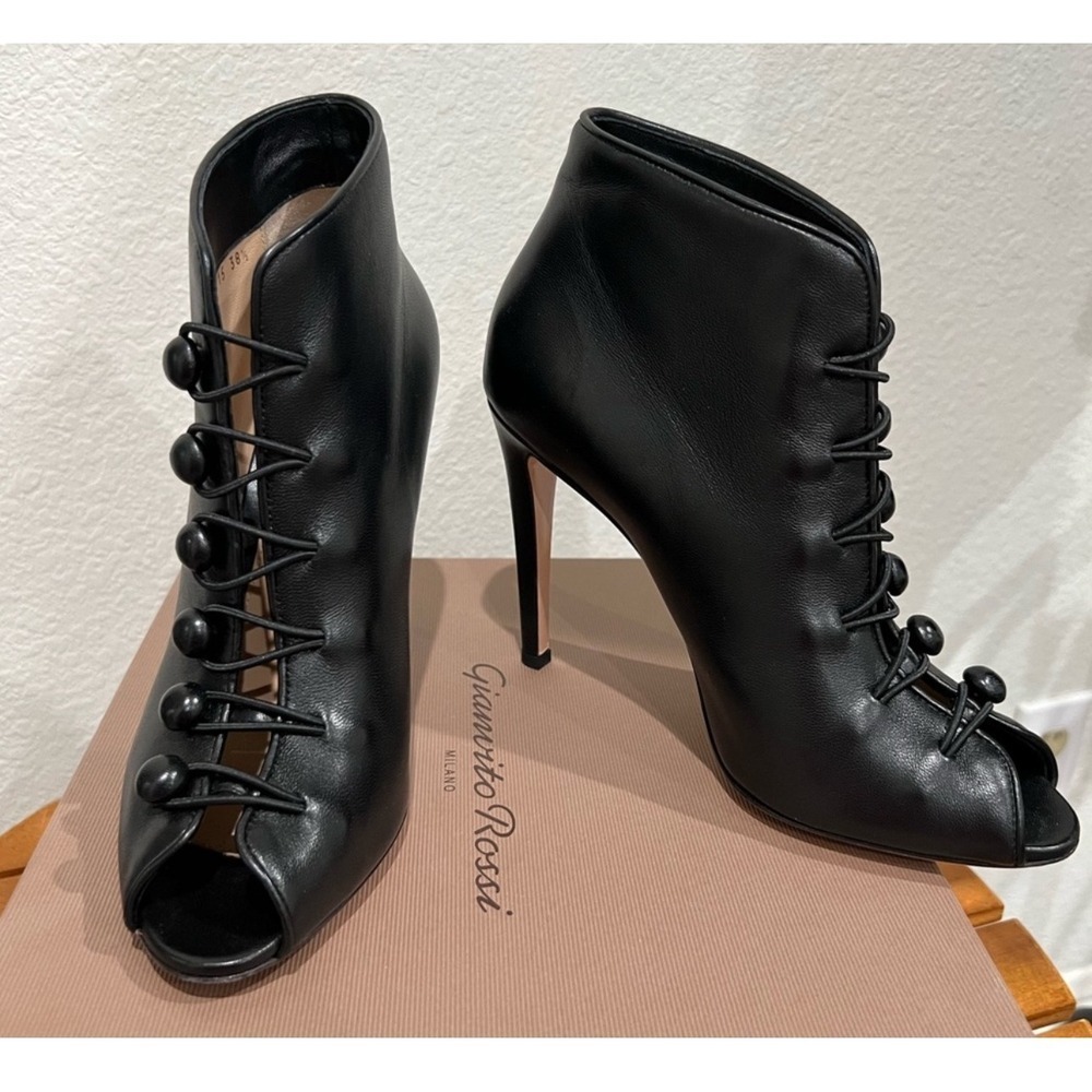 Gianvito Rossi Black Leather Peep Toe Lace Up Button Ankle Boots Heels